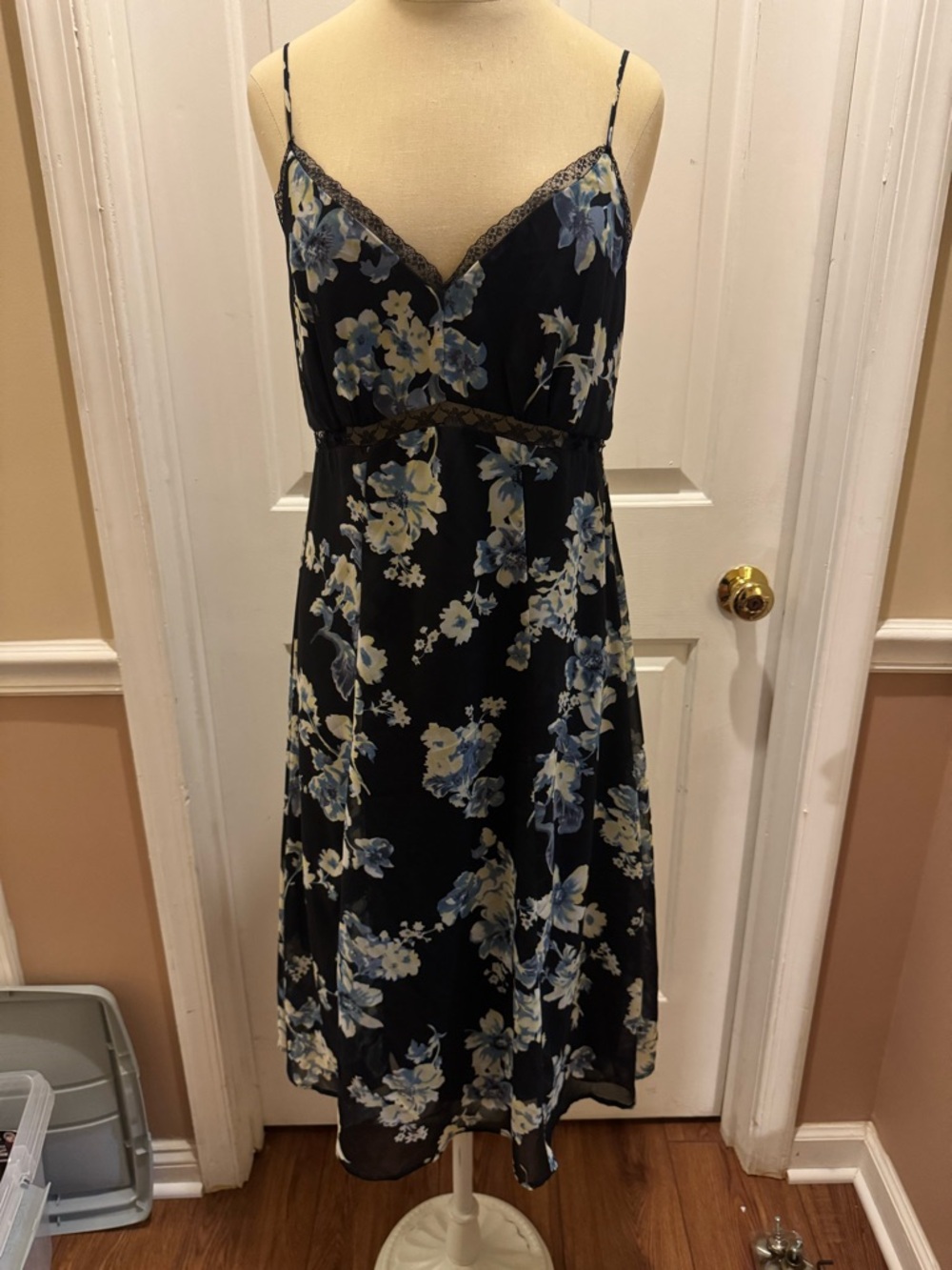 Soprano Black Slip Midi Dress with Blue and Cream Floral Print